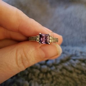 Princess Cut Amethyst & Cz Sterling Silver Ring
